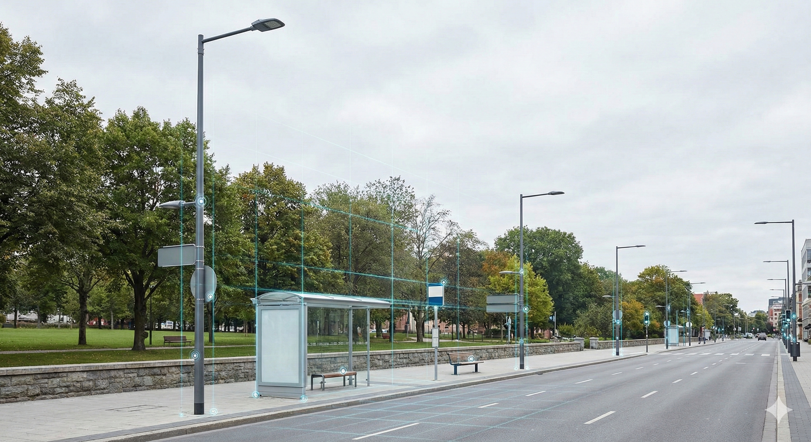 Digital wireframes over street assets like bus stops and trees