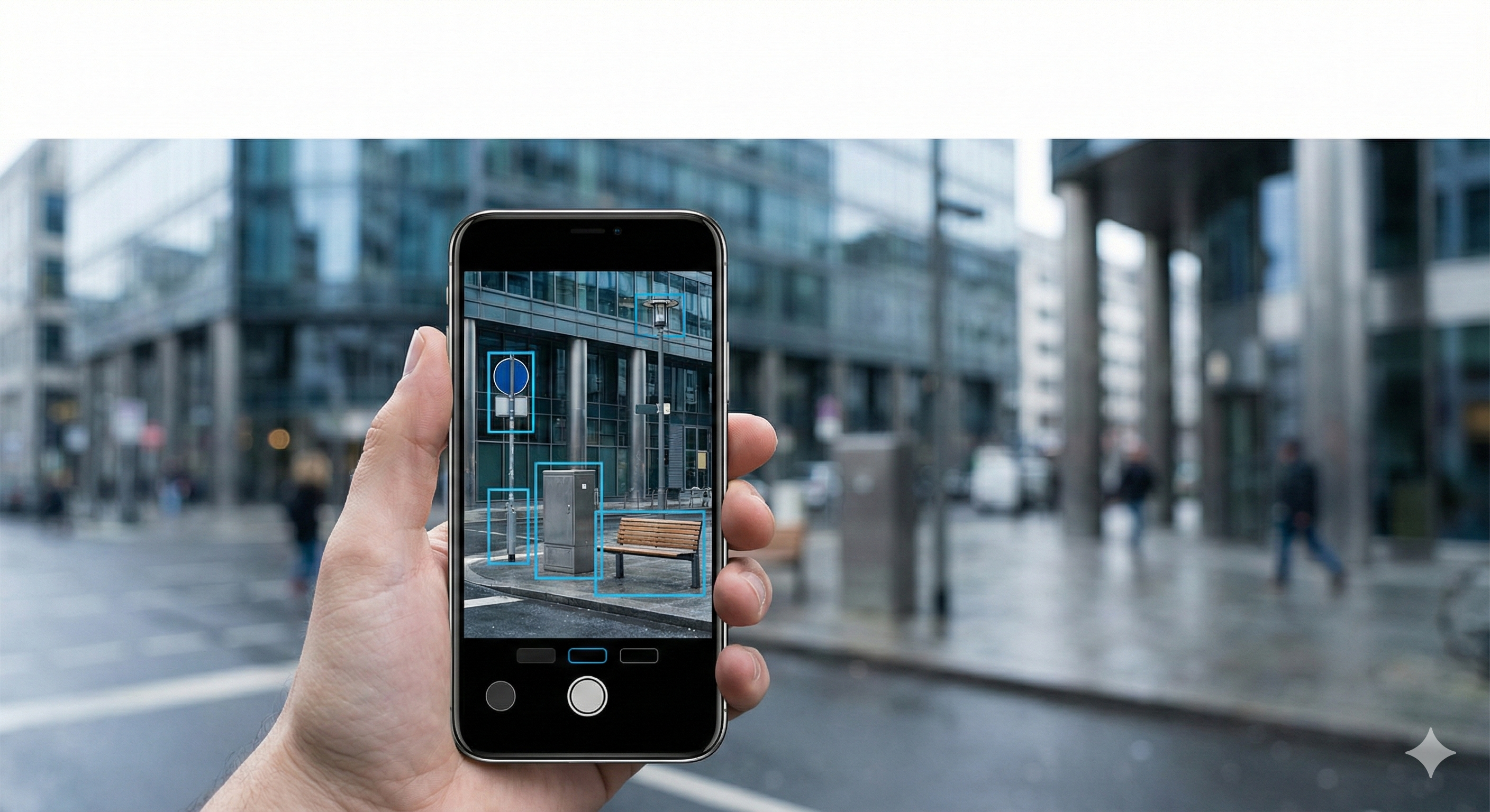 Person taking picture of a street scene with object recognition bounding boxes